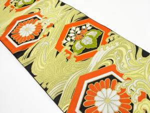 アンティーク　荒波に桐・菊・亀甲模様織り出し袋帯（着用可）